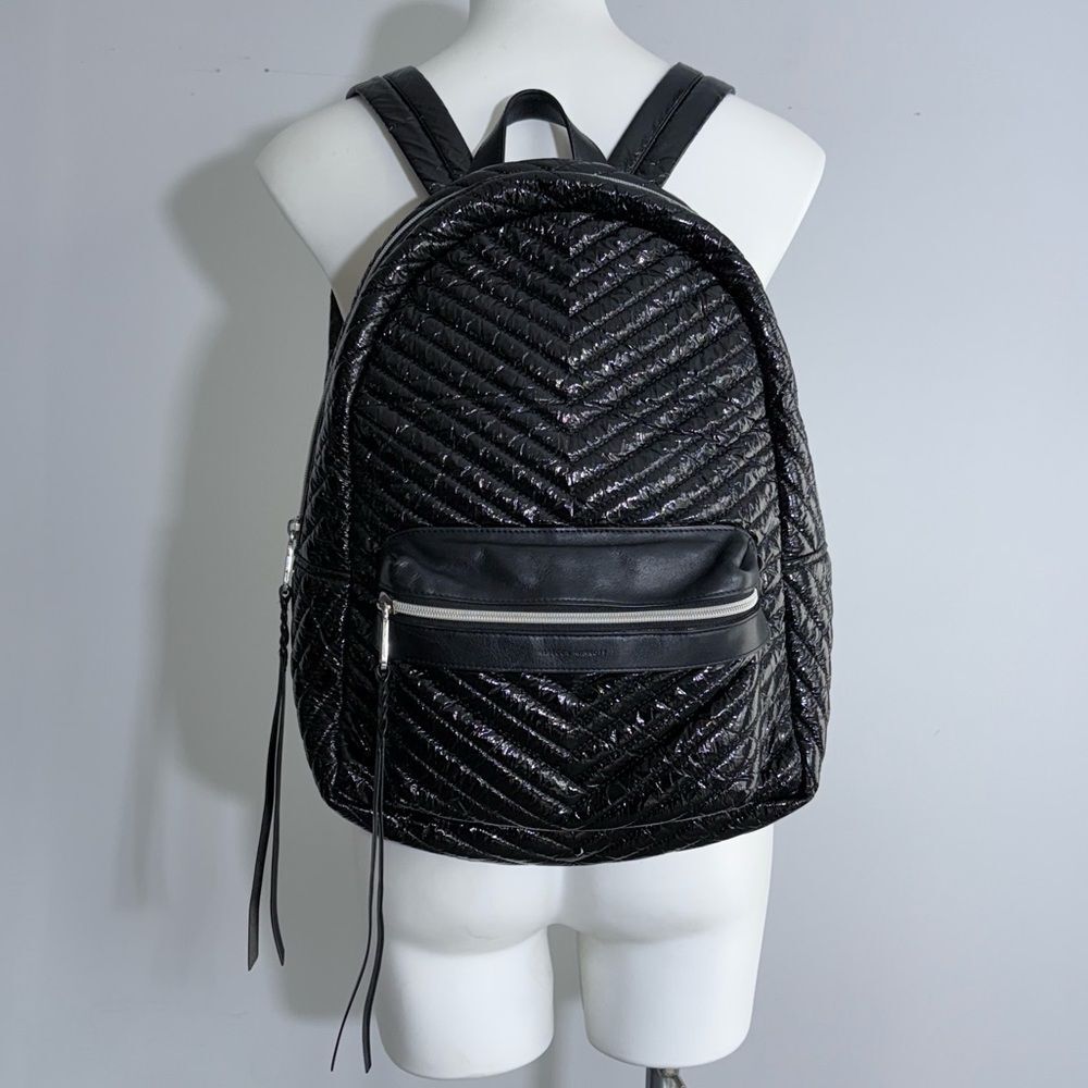 Rebecca Minkoff Pippa Large Backpack Black Patent Nylon Chevron Quilted Laptop - Picture 6 of 16